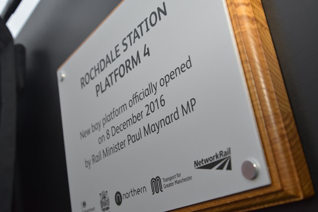 The plaque to commemorate the opening of the new platform four at Rochdale station