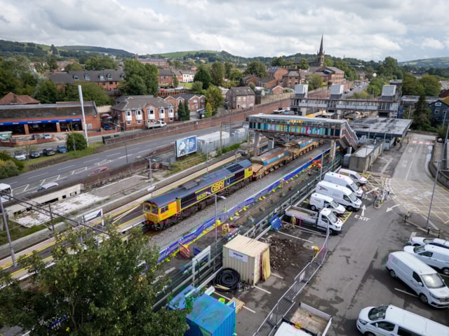 Engineering train at Macclesfield station during major track renewals August 2025: Engineering train at Macclesfield station during major track renewals August 2025