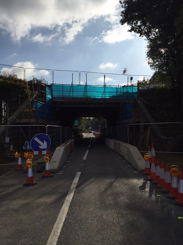 Work continues to repair a railway bridge near Leamington Spa: Fosse Way Bridge with scaffolding up as repairs continue