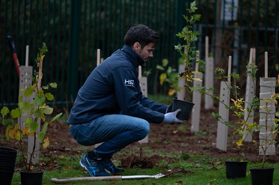 HS2 volunteers planting donated trees at Corley Academy