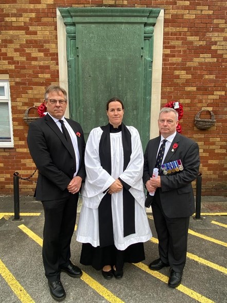 The Rev Gaby Doherty from St Matthew’s, Bristol, at last year’s First Wales and West Remembrance Service, pictured with Managing Director Doug Claringbold (left) and Engineering Director Rich