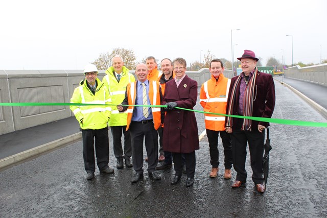 The ribbon about to be cut to mark the opening of the new Richmond Street bridge in Ashton-under-Lyne