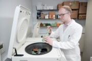 Professor Stephen Wallace harvesting engineered bacteria for analysis. CREDIT Edinburgh Innovations: Professor Stephen Wallace harvesting engineered bacteria for analysis. CREDIT Edinburgh Innovations