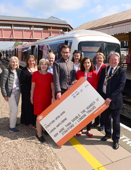 From L-R

Councillor Jenny Fradgley, Karen Williams - Artistic Director of Escape Arts, Councillor Izzi Seccombe - Leader of Warwickshire County Council, Fraser Pithie - Secretary at Shakespeare Line Promotion Group, James Anderson - Shakespeare Aloud actor, Ekaterina Leret - Marketing & Commercial Manager for Shakespeare's England, Eleni Jordan - Commercial Director at Chiltern Railways, Philippa Rawlinson - Director of Operations and Marketing at the Shakespeare Birthplace Trust & Councillor Christopher Kettle - Chairman of the Council at Stratford-on-Avon District Council at the official launch event for the new increased services between London and Stratford-upon-Avon.