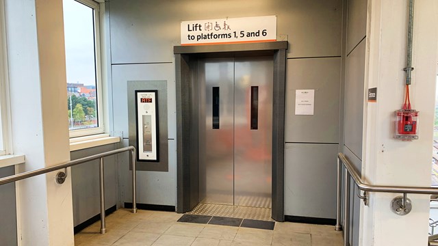 The lift upstairs on platform 1 at Wolverhampton station following renewal