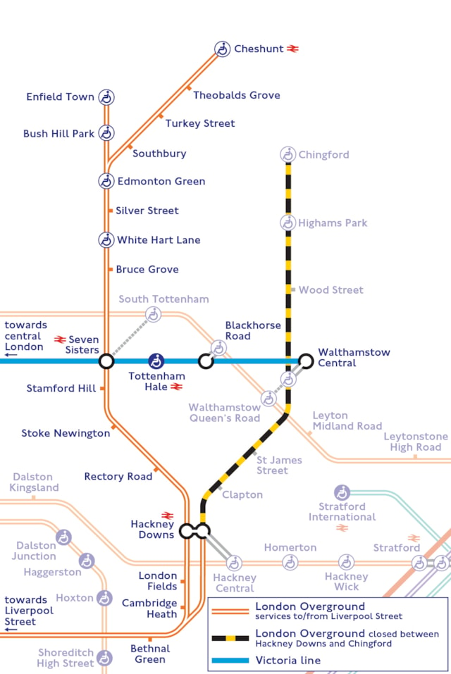 Map showing Chingford line closure during the 16 days