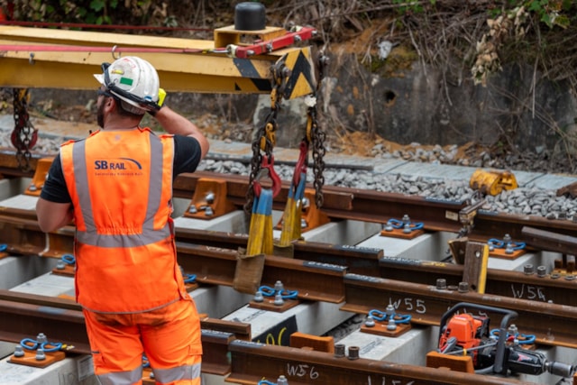 Worker during new track being laid in Macclesfield August 2025: Worker during new track being laid in Macclesfield August 2025