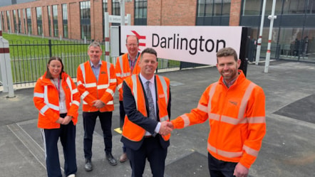 Network Rail's Luke Durston (right), hands over Darlington station to LNER's Steve Wilson on completion of the upgrade project in May