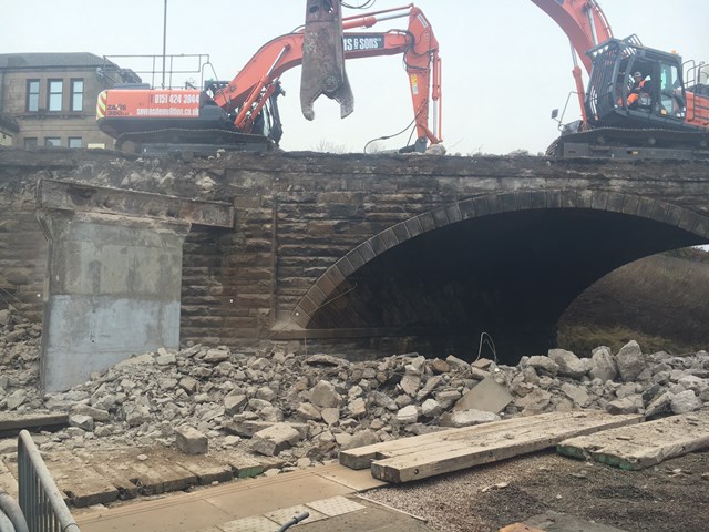 Concrete bridge extension demolished at Station Road, Shotts