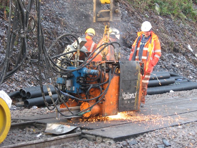 Bradway tunnel_004: Flashbutt welder in use during works at Bradway tunnel, South Yorkshire 8 Sept - 13 December 2008