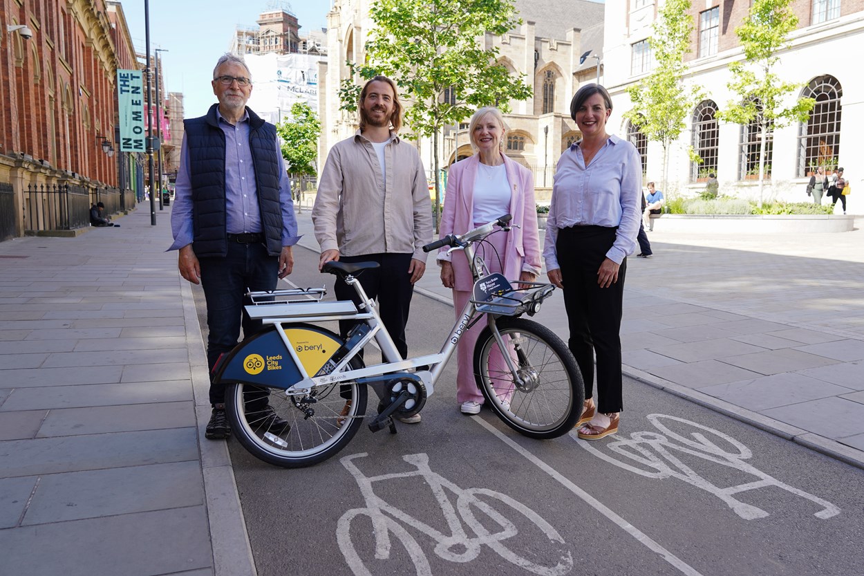 Leeds City Bikes public e-bike hire service June 2023: Photo from June 2023 of (L-R): David Miller from Leeds Cycling Campaign; Philip Ellis, CEO of Beryl; Tracy Brabin, Mayor of West Yorkshire; and Cllr Helen Hayden, Executive Member for Infrastructure and Climate at Leeds City Council.