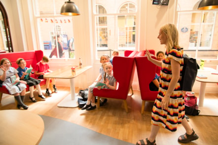 Sara Pascoe with children in York LNER Family Lounge