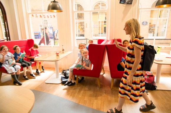 Sara Pascoe with children in York LNER Family Lounge