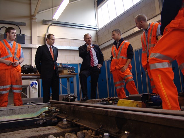 Transport Secretary Geoff Hoon Network Rail chief executive Iain Coucher visit  Network Rail's apprentice training centre, Gosport 001