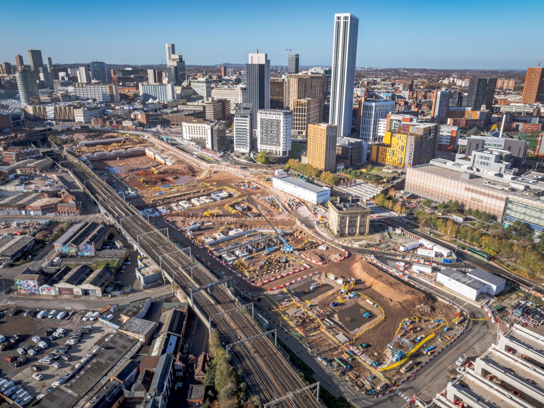 Aerial view of the Curzon Street site with the old station building in the centre Nov 2025