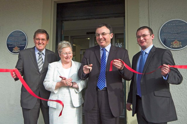 Flint Station Official Opening: Left to right: 
Jim Cornell (Executive Director, Railway Heritage Trust), Sandy Mewies (AM for Delyn), Andrew Davies (Minister for Enterprise, Innovation & Networks), Councillor Aaron Shotton (Flintshire County Council Leader)