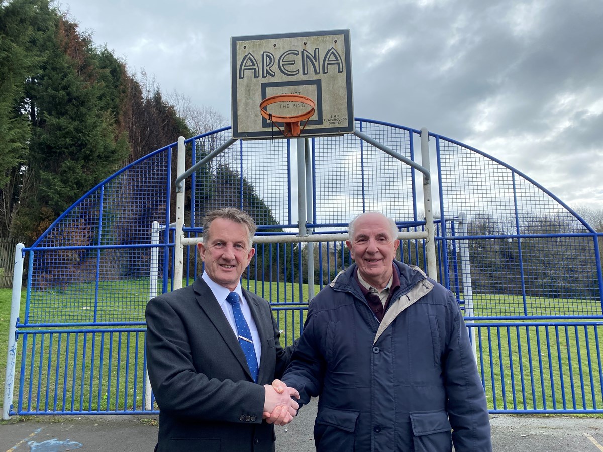 Councillor Steve Clark with TRA Chair Geoff Lawley at Hawbush Park landscape