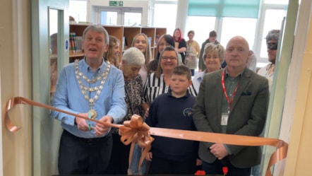 Neyland Mayor Peter Hay with County Councillor Simon Hancock, assistant headteacher Michelle Lewis-Jones and pupils at PLC.