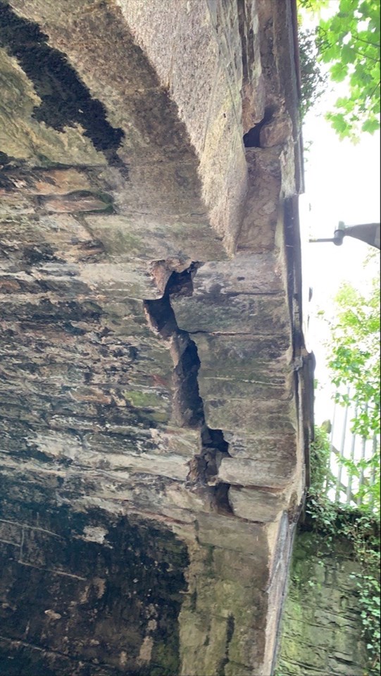 Huge cracks have appeared following the bridge being hit by a lorry