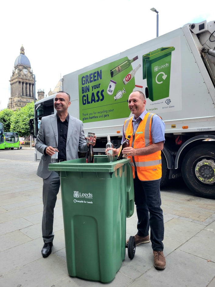 Leeds launch of glass recycling: Councillor Mohammed Rafique, Leeds City Council’s executive member for climate, energy, environment and green space and Declan Nortcliffe, Operations Director at HW Martin Waste Ltd, at the launch of glass recycling in Leeds.