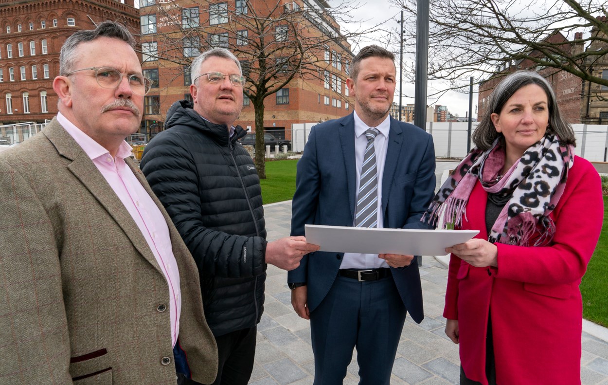 Meadow Lane visit: Left to right: Simon Schofield (construction lead for Vastint UK North), Councillor James Lewis (leader of Leeds City Council), Dominic Hodges (Sisk managing director) and Councillor Helen Hayden (Leeds City Council's executive member for infrastructure and climate) visit the Aire Park site. Credit: Leeds City Council.