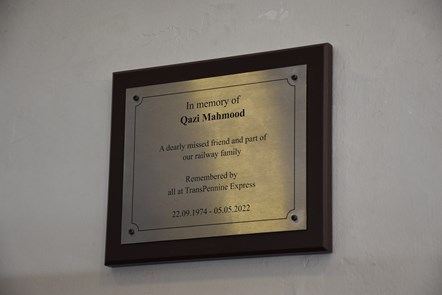Memorial plaque for Qazi Mahmood in Huddersfield Station