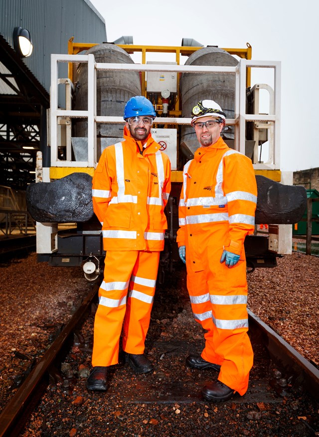 Transport Minister views unique £1m snow-clearing train: winter train 2 - Mr Yousaf with Neil Gilmour, local operations manager for Perth