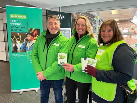 Samaritans at Swindon station promoting Small Talk Saves Lives campaign