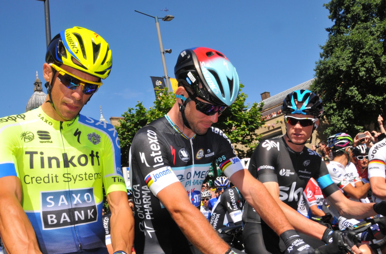 Leodis TdF gallery: Cyclists line up on the start line of the Grand Depart on the Headrow in Leeds, July 5, 2014. Pictured (left to right) are Tour de France stars Alberto Contador (third from left in yellow) next to Mark Cavendish and Chris Froome. Credit Leeds City Council