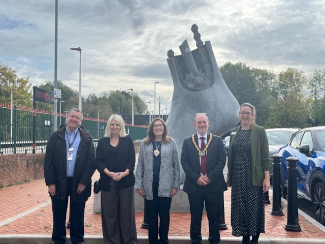 Flint Access for all event LtoR - Adrian Carrington TfW, Hannah Blythyn MS, Mayoress Norma Davies, Mayor Russ Davies, Emma Osborn Network Rail: Flint Access for all event LtoR - Adrian Carrington TfW, Hannah Blythyn MS, Mayoress Norma Davies, Mayor Russ Davies, Emma Osborn Network Rail