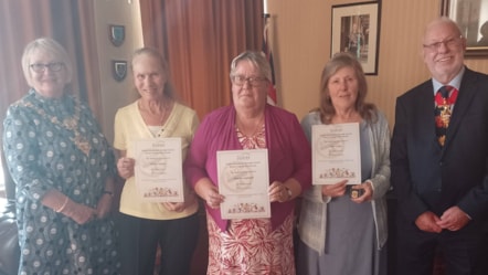 Mayor of Dudley Cllr Hilary Bills and consort John Bills with school crossing patrol officers Lorna Turner 40 yrs service, Sharon Leonard 25yrs service and Ann Cope 35 yrs service (1)