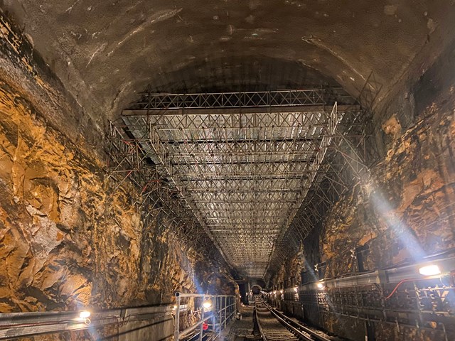 Shot showing 125 metre long scaffold platform nearing completion