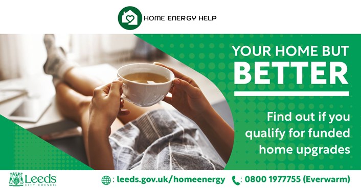 Council launches new scheme to help Leeds residents cut energy bills: Home Energy Help - HUG - Social graphic