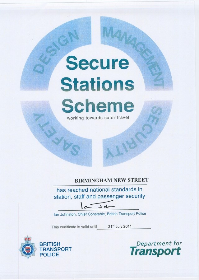 Birmingham New Street Secure Station Certificate