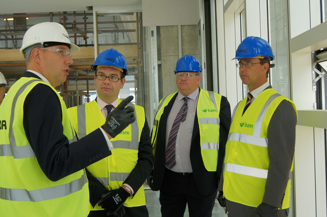 National centre takes shape as jobs drive begins: From left to right: Howard Penstone, Network Rail development manager, Iain Stewart MP, Adrian Thomas, Network Rail head of resourcing, Mark Lancaster MP