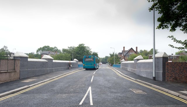 Albert Road bridge, Eccles: The first bridge to be rebuilt so that overhead power lines can be installed on the railway below.