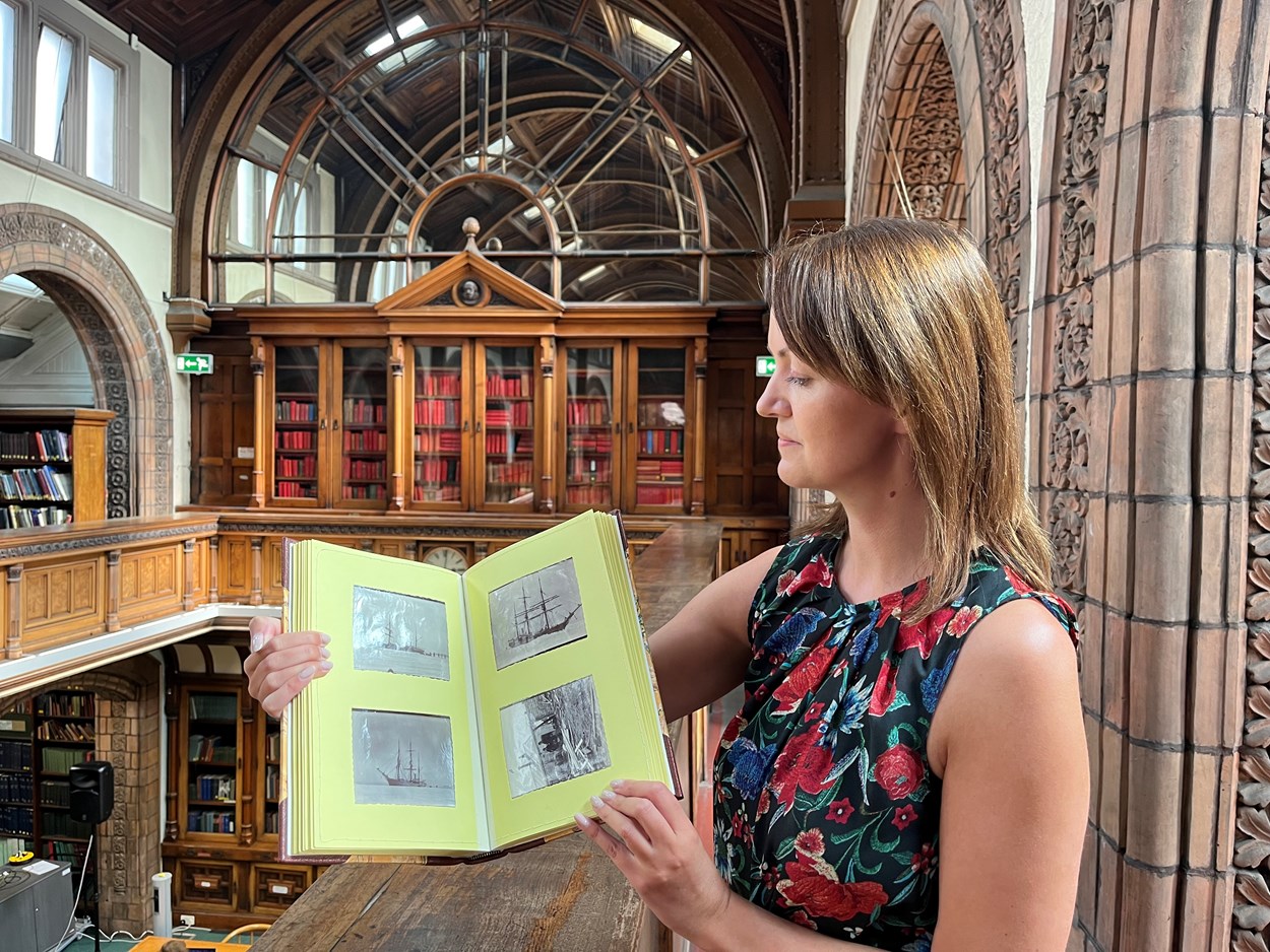 Antarctic photo album: During routine cataloguing in Leeds Central Library’s strongroom, special collections librarian Rhian Isaac (pictured) found what appeared to be an unassuming family photo album tucked away on a shelf.
Despite its somewhat drab 1990s binding, inside she found an enthralling series of images documenting the mission of The Morning, a relief ship to Captain Robert Falcon Scott’s first expedition to the Antarctic between 1901-4.