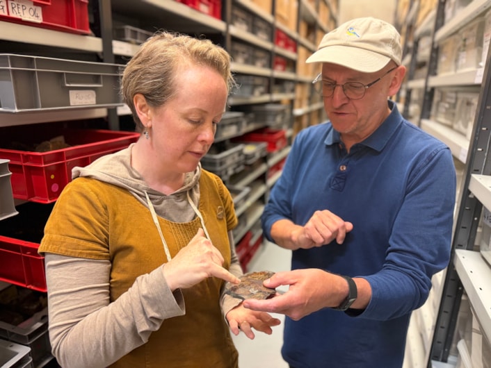 Coelacanth discovery: Curator Clare Brown, left, with geologist Ru Smith, who discovered the skull bone of a coelacanth at Roundhay park earlier this year.
The well-preserved, prehistoric skull bone was frozen in time aeons ago during an era when the park was submerged under a vast tropical lagoon.