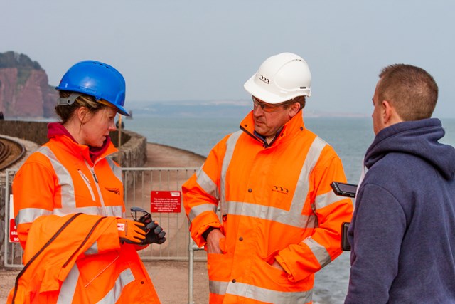 Joanna Grew and Simon Woddy with media crew at Teignmouth