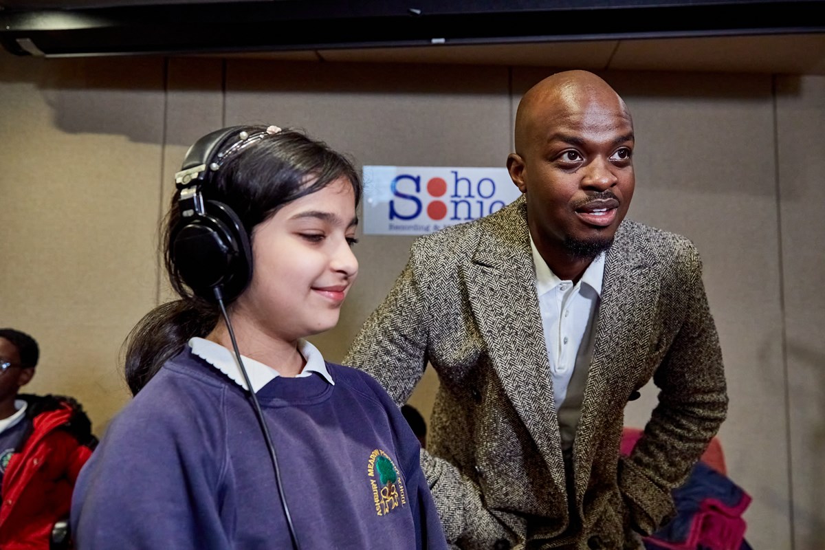 George The Poet with a pupils from Ashbury Meadow School at Soho Sonic studios.