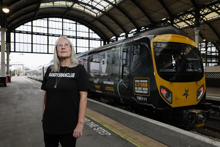 Elaine Roberts, Andy's mum, with the newly unveiled Andy's Man Club TPE train
