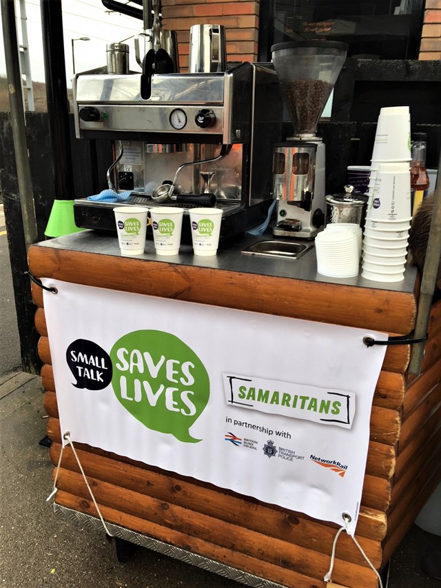 Small Talk Saves lives coffee cart at Tile Hill station
