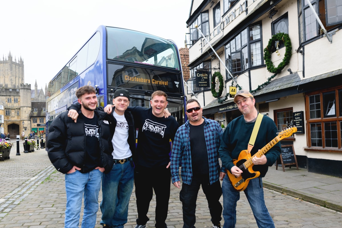 DJs 3SEVEN6 and The Bad Cowboys get ready to perform on a service 376 bus at Glastonbury Carnival @JonCraig_Photos