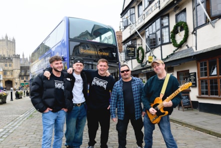 DJs 3SEVEN6 and The Bad Cowboys get ready to perform on a service 376 bus at Glastonbury Carnival @JonCraig_Photos