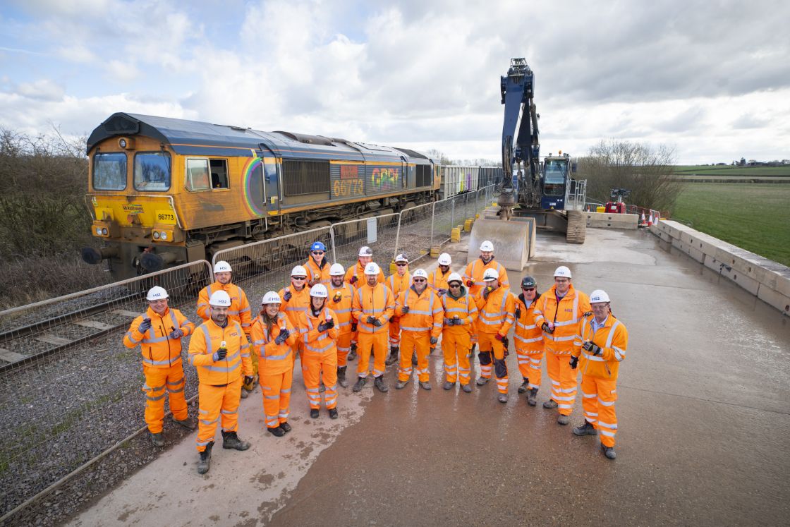 HS2 staff and contractors celebrate the arrival of the millionth tonne of material by rail at Quainton Feb 2024