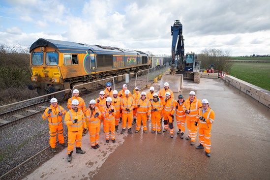 HS2 staff and contractors celebrate the arrival of the millionth tonne of material by rail at Quainton Feb 2024