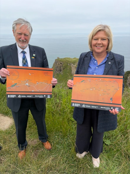 Moray Council Civic Leader, Cllr John Cowe and Provost of Aberdeenshire, Cllr Judy Whyte at Findlater Castle with 
