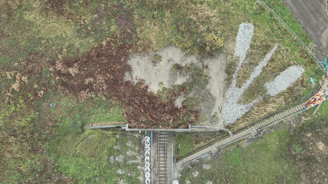 Aerial view of Crewkerne landslip in 2023 - An aerial view of the landslip at Crewkerne tunnel in 2023