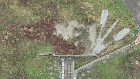 Aerial view of Crewkerne landslip in 2023 - An aerial view of the landslip at Crewkerne tunnel in 2023