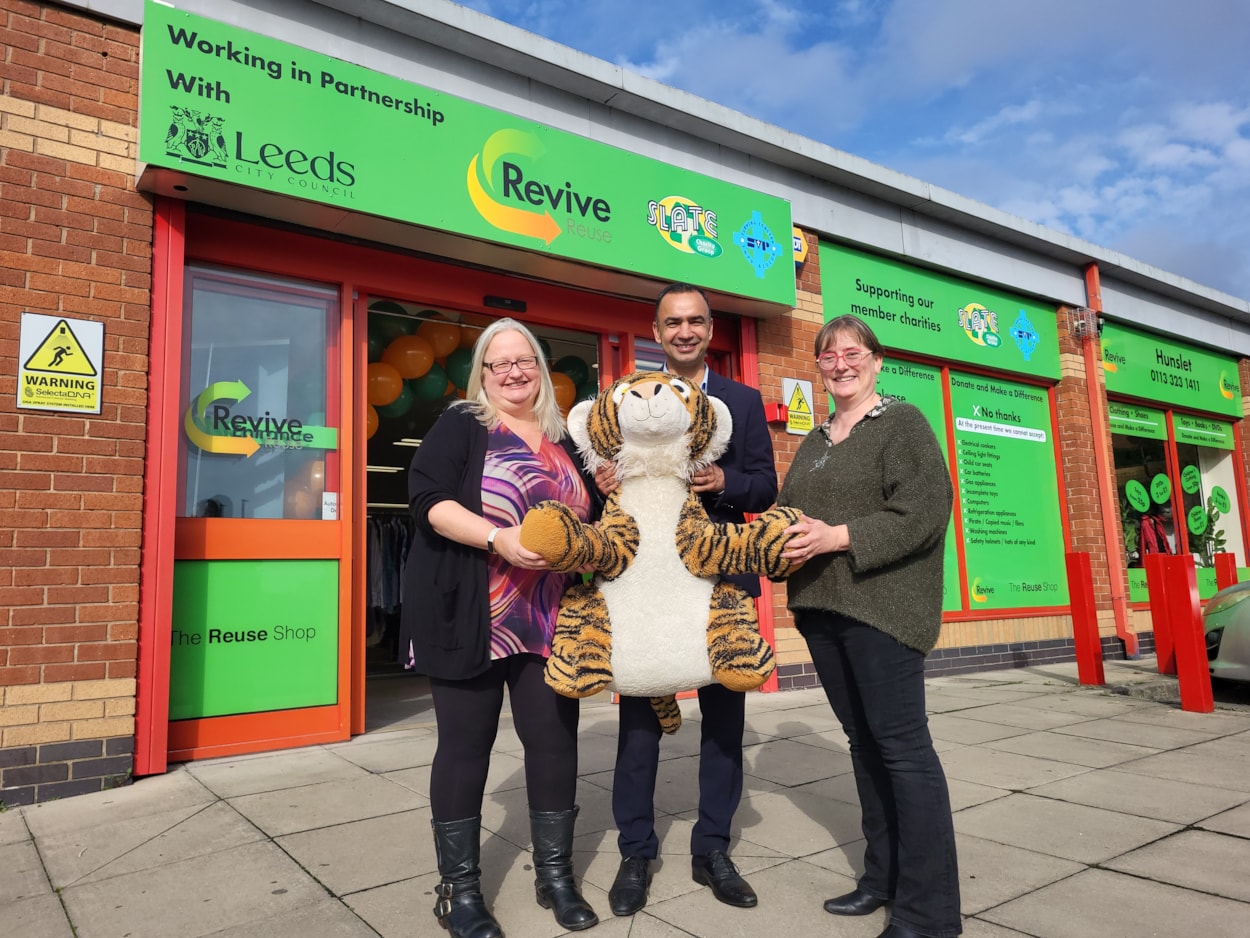 Reuse shop: Ali Ward (Slate board rep), Cllr Mohammed Rafique and Elizabeth Palmer (CEO Slate) with a Revive shop bargain